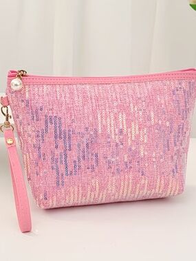 Large Rose Pink Sequin Makeup Bag Clutch w/ Pearl Zipper Pull